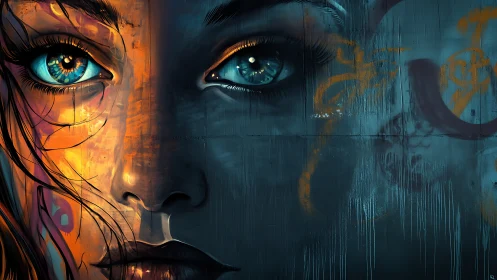 Neon-eyed portrait splits warm graffiti from cool shadow