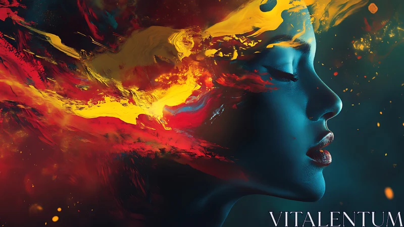 Digital profile portrait shows blue face with abstract color flow