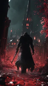 Hunter stalks bloodlit cathedral street under crimson fog.
