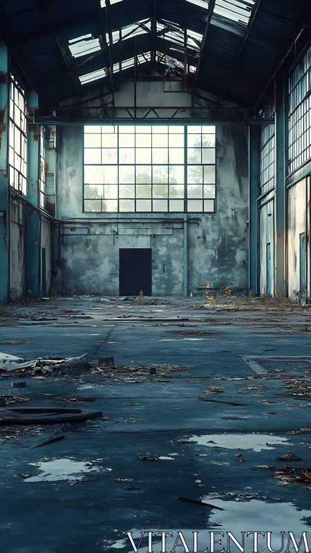 Derelict industrial warehouse interior shows decay and emptiness