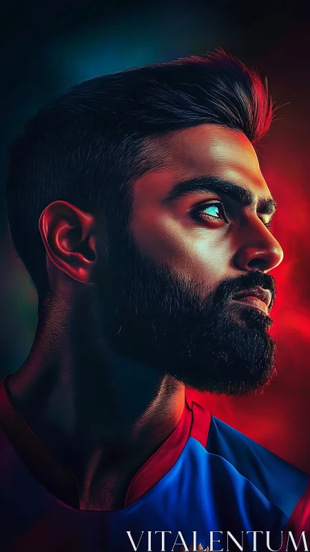 Heroic portrait of a focused bearded athlete in bold light.