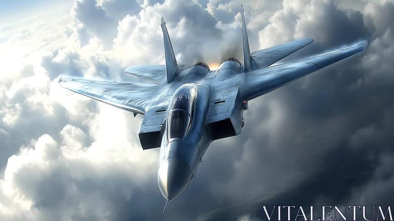Sleek silver fighter jet glides boldly through bright clouds