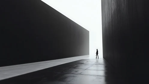 Silhouetted figure in minimalist concrete corridor with architectural geometry.