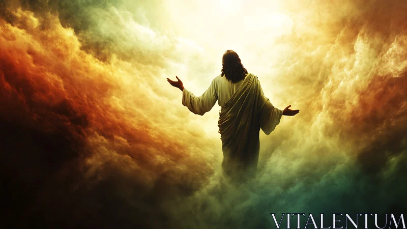 Radiant robed figure welcomes light amid swirling clouds