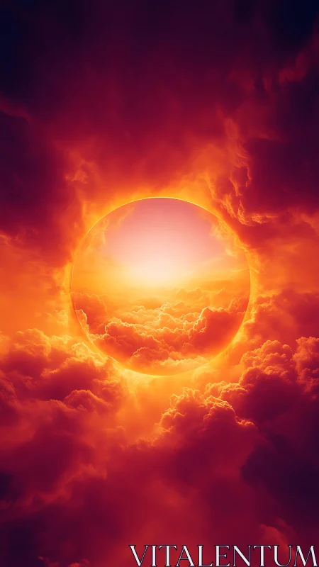 Fiery circular sun portal framed by glowing orange clouds.