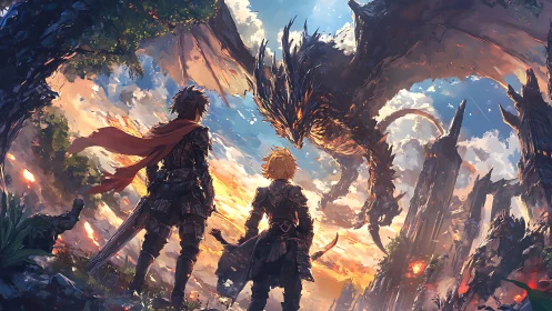 Armored adventurers confront airborne dragon amid molten spires