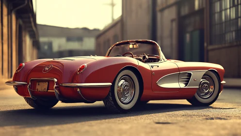 Retro roadster in low-angle urban sunlight rendering.