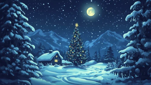 Moonlit alpine cabin with illuminated Christmas tree centerpiece.