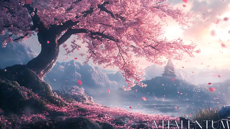 Radiant cherry blossom canopy over misted mountain lake panorama.