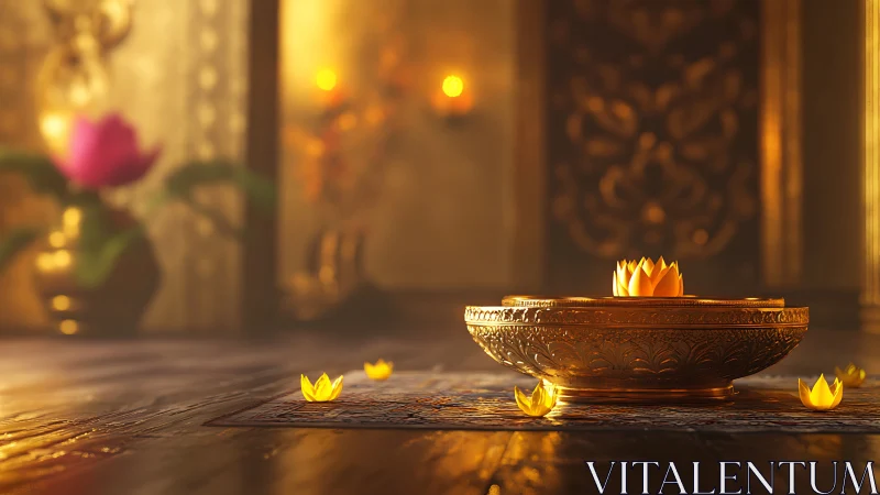 Golden lotus basin glows in a hush of temple twilight.