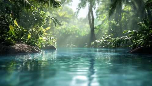 Tranquil jungle lagoon with turquoise water and dense tropical canopy