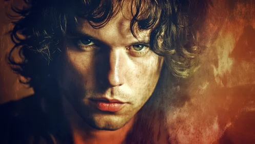 Intense male portrait amid fiery textured vignette.