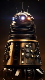 Retro bronze robot glowing warmly in soft studio light.