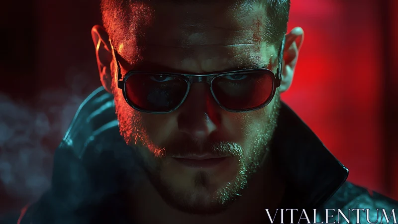Brooding tough man in sunglasses under neon red light.