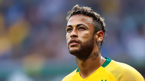 Close-up portrait of Brazilian footballer in yellow jersey