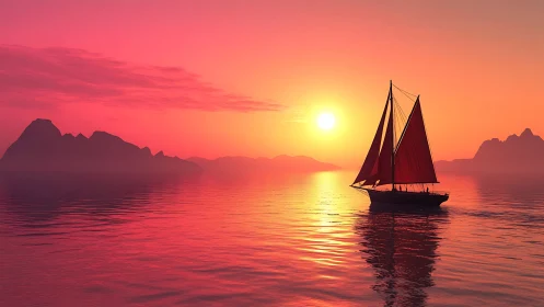 Crimson twilight sails quietly stitch light across water