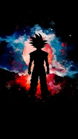 Silhouetted warrior stands before a cosmic red moon.