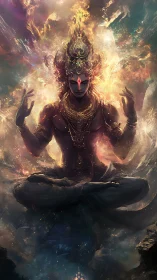 Celestial deity meditates in swirling cosmic fire and light