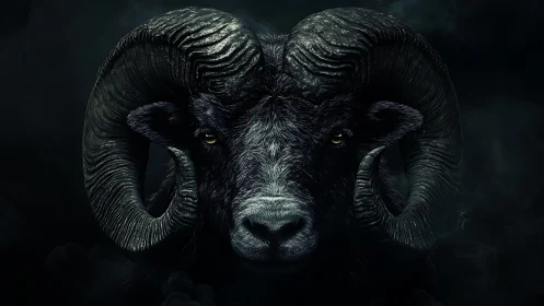 Hyperreal ram portrait isolates sculptural horn curvature in shadow