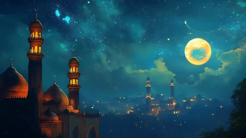 Moonlit mosque skyline under deep blue starry night.