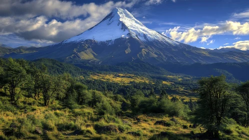 Snowcapped volcanic peak above lush valley forest at dusk.