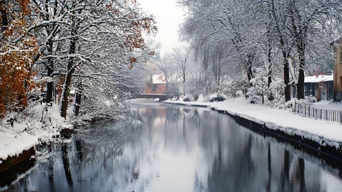 Snow-draped riverside hush with mirror-still winter water.