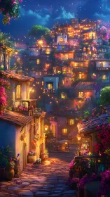Enchanted hillside village glows under a starlit night sky.