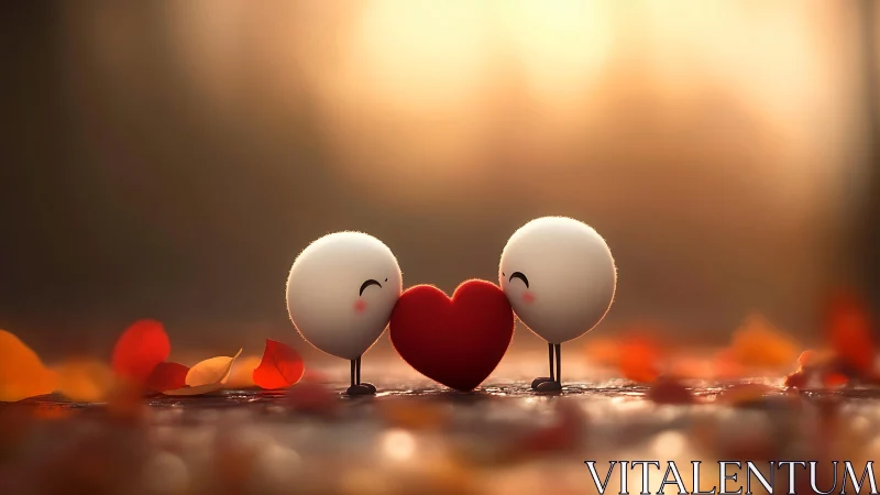 Anthropomorphic spherical figures with heart-form median object in warm bokeh environment