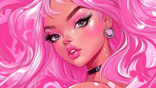 High-saturation pink portrait with glossy cel-shaded rendering