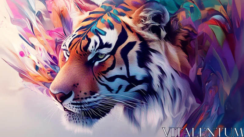 Radiant tiger rests amid swirling neon dream colors
