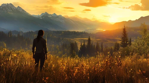 Backlit figure viewing alpine valley under golden sunset sky