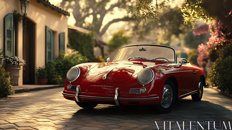 Red classic convertible parked on a sunlit cobblestone lane