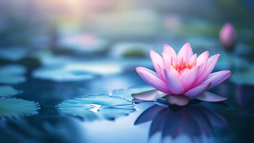 Serene pink waterlily over reflective cyan pond surface.