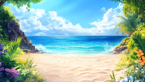 Digital Landscape Rendering Depicting Tropical Coastal Environment with Volumetric Sky