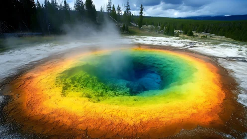 Vivid rainbow hot spring shimmers beneath stormy forest sky