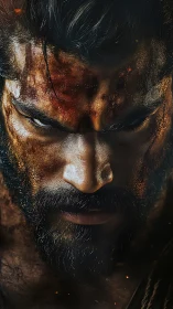 Battle-scarred warrior stares forward with intense resolve