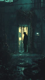 Backlit figure in overgrown industrial corridor with cyan grading