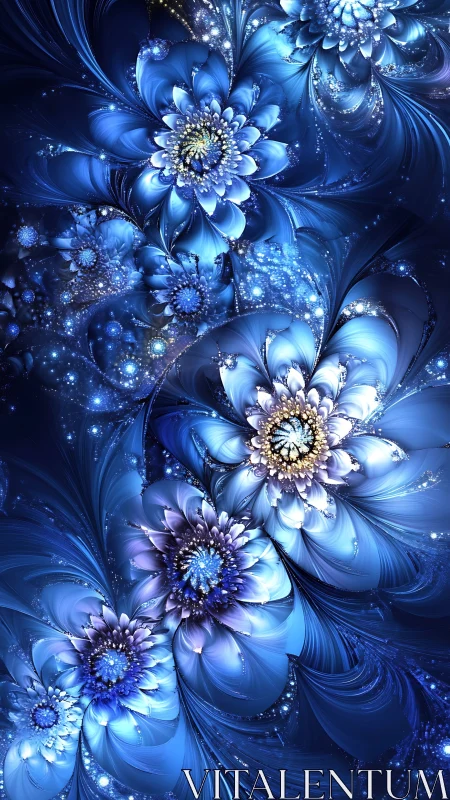 Fractal blue chrysanthemum bloom with luminous spiral petals.