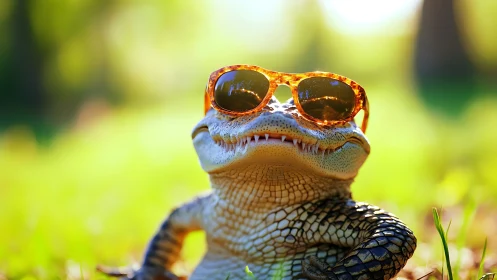 Sunbathing gator in amber shades, grinning through summer light.