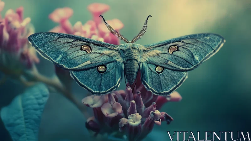 Blue moth rests on pink flower with wings fully extended