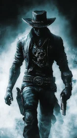 Shadowy gunfighter strides through eerie blue smoke.