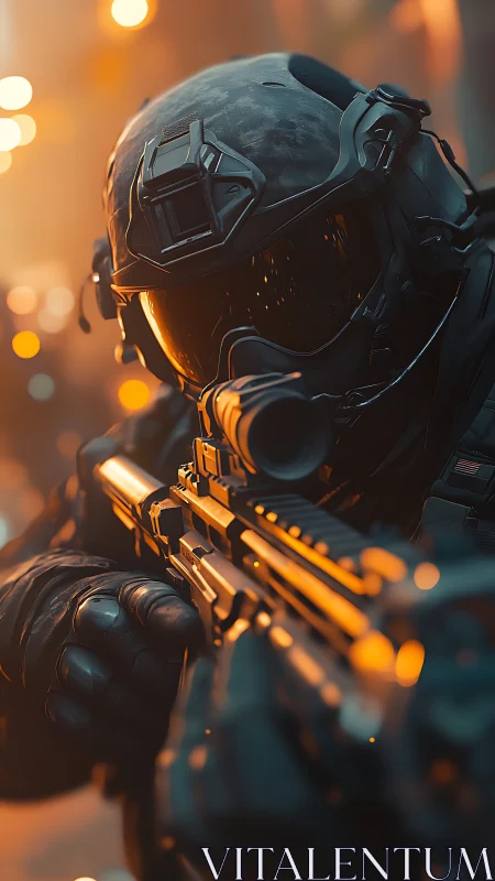 Armored futuristic soldier aiming rifle in warm city light