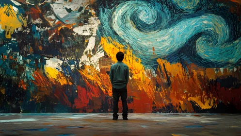 Man Observing Abstract Colorful Swirling Mural in Art Gallery.