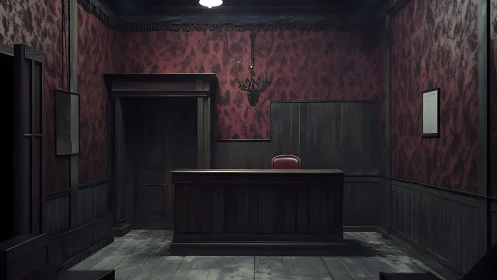 Dimly lit vintage reception desk in eerie red room.