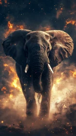 Fire-wreathed elephant strides through embers of a blazing storm.