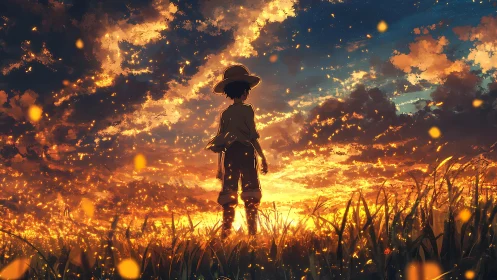 Sunlit youth silhouetted in ember-streaked golden horizon.