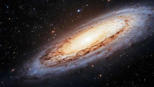 High-inclination spiral galaxy with luminous bulge and dense dust lanes