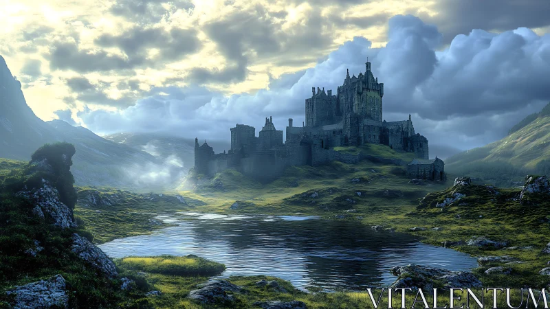 Mist-shrouded stone castle above tranquil reflective lake.