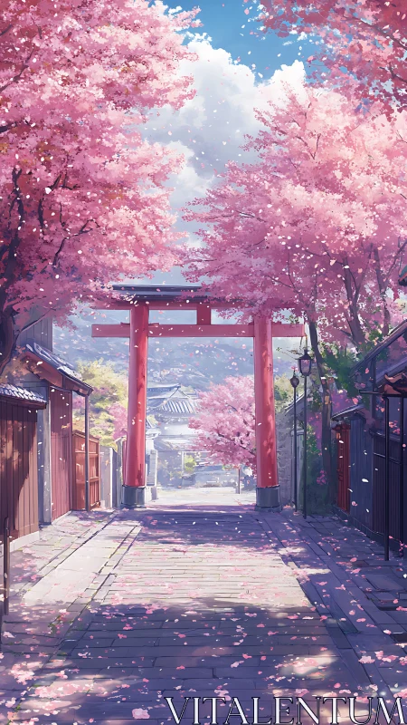 Cherry-lined shrine path under spring torii gate scene.