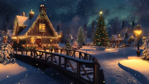 Snowy Christmas village glows under starlit winter sky.